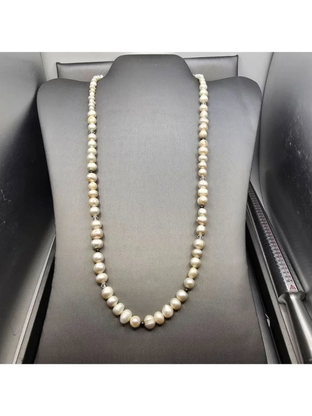 VTG White Graduated Baroque Pearl Necklace 22" Sterling Toggle Crystal Accents - Picture 2 of 13